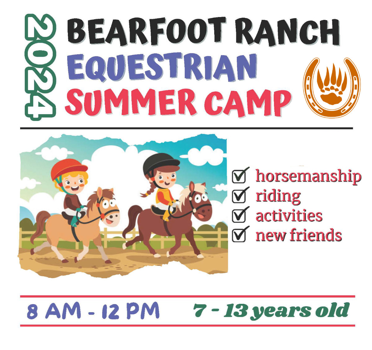 2024 Summer Camp at Bearfoot Ranch - 8 am - noon - ages 7 - 13 years old